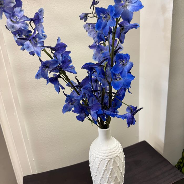 Blue delphiniums in a white textured vase