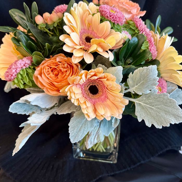 Peach gerbera daisies, orange garden rose, and dusty miller in a glass cube